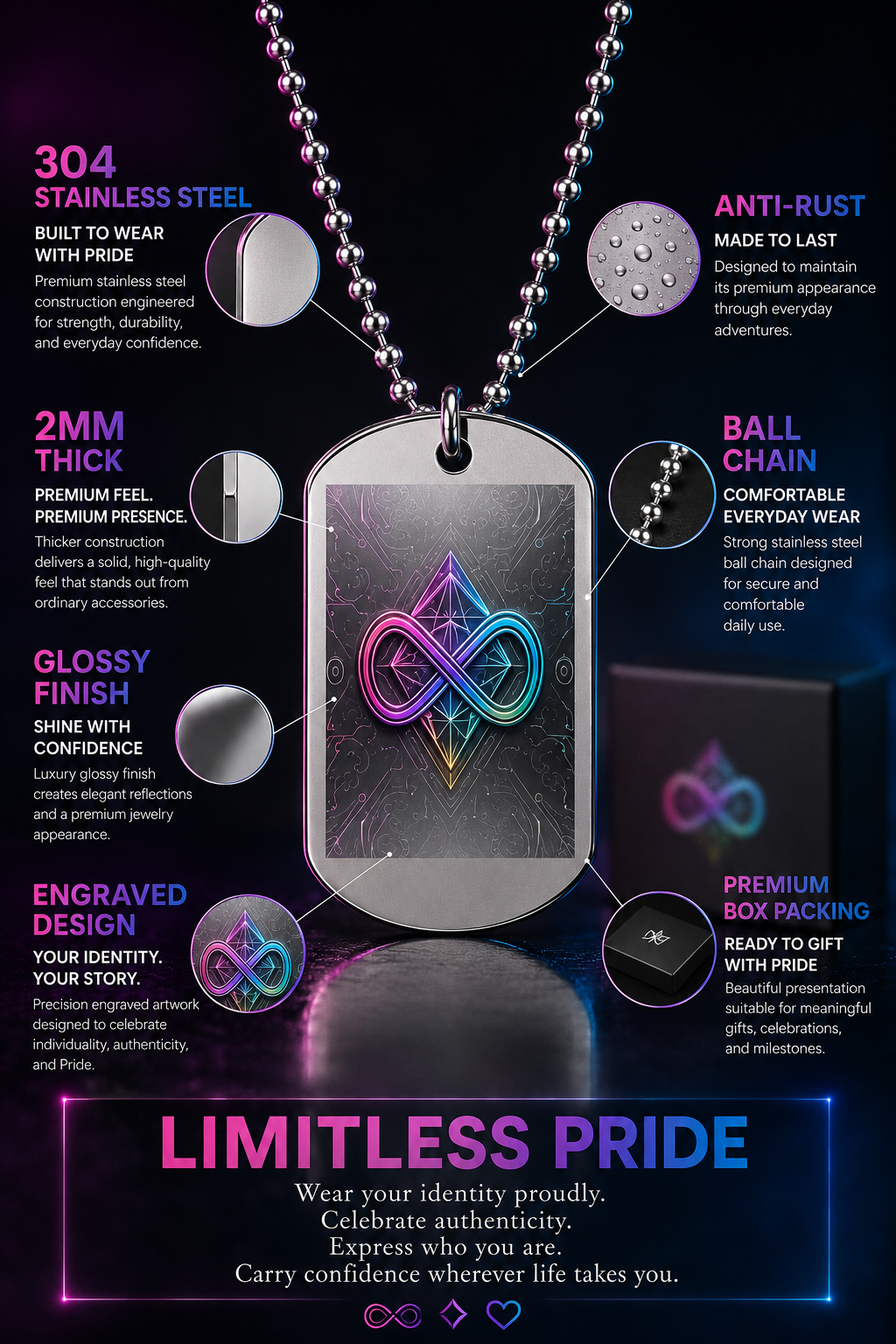 Boundless Pride Luxury Dog Tag Necklace – Premium Engraved LGBTQ Stainless Steel Pendant