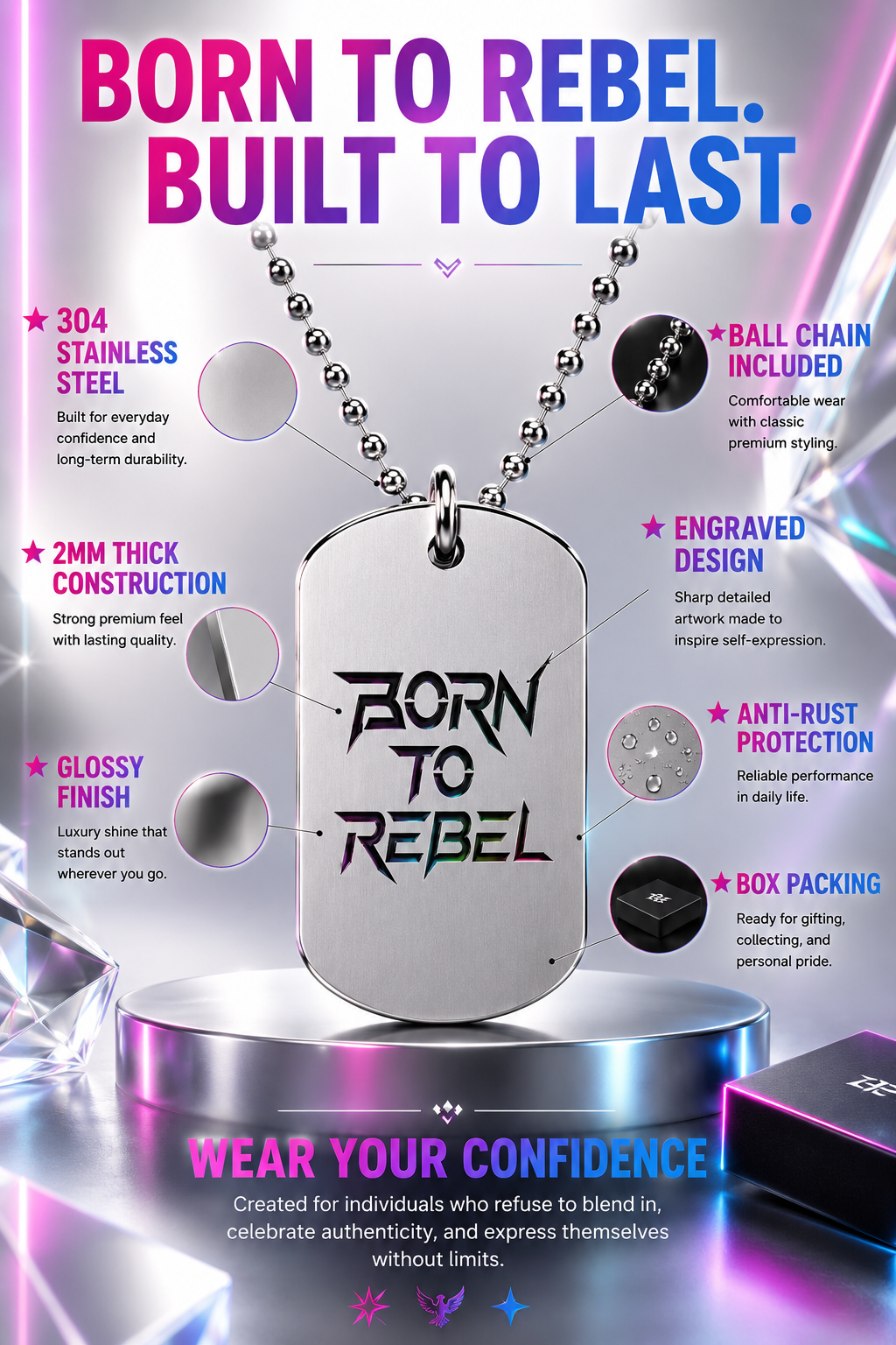 Born To Rebel Pride Dog Tag Necklace – Premium LGBTQ Stainless Steel Pendant