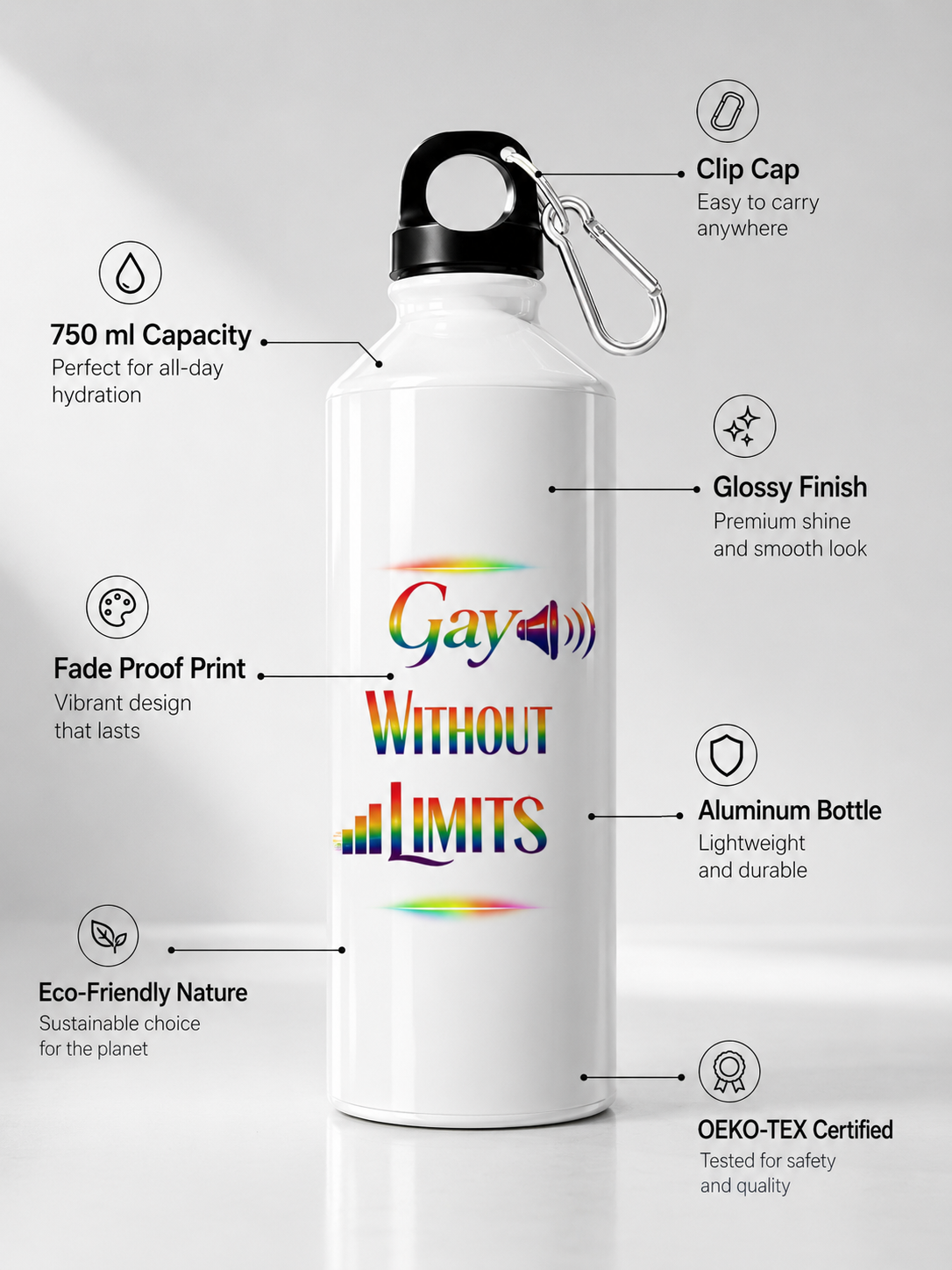 Gay Pride Water Bottle – Gay Without Limits™ | 750ml Premium Aluminum Bottle