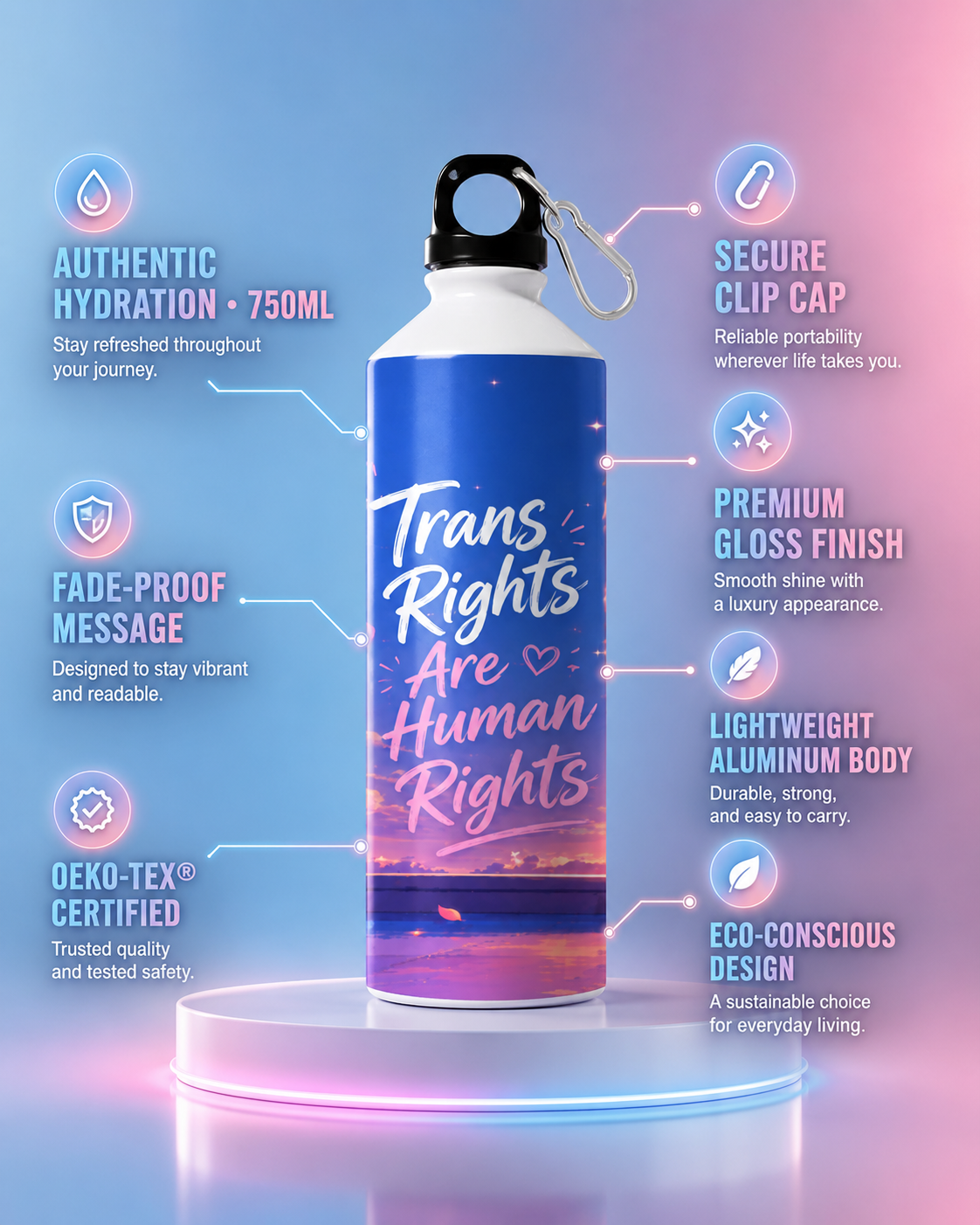 Trans Pride Water Bottle – Trans Rights Are Human Rights™ | 750ml Premium Aluminum Bottle