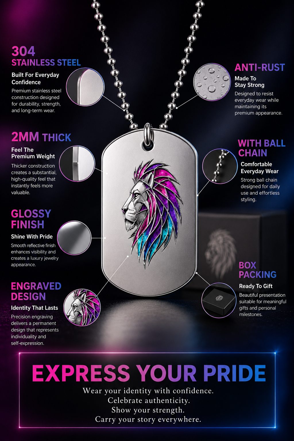 Pride Lion Luxury Dog Tag Necklace – Engraved 304 Stainless Steel LGBTQ Pride Pendant