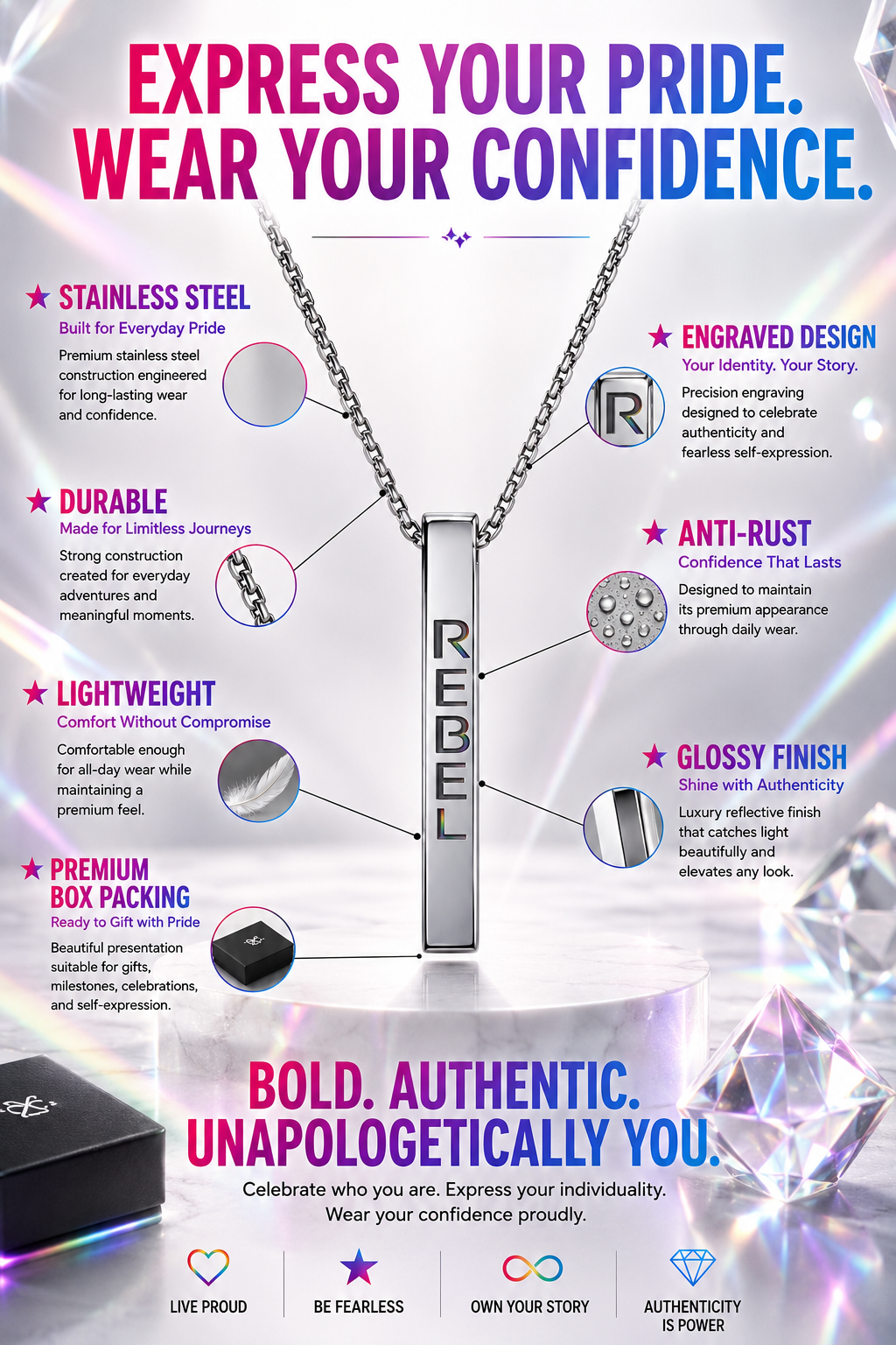 Rebel Pride Bar Pendant Necklace – Premium Stainless Steel LGBTQ Pendant