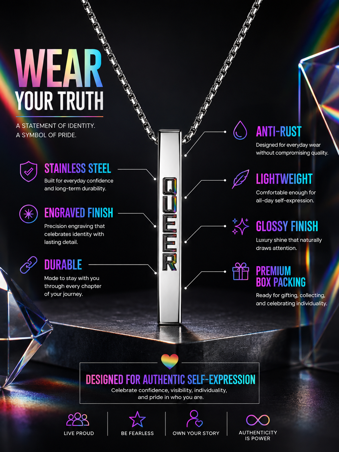 Queer Identity Bar Pendant Necklace – Premium Stainless Steel Pride Jewelry