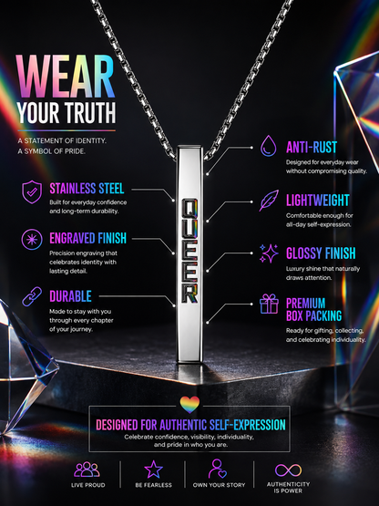 Queer Identity Bar Pendant Necklace – Premium Stainless Steel Pride Jewelry