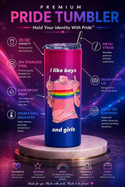 Bisexual Pride Tumbler – I Like Boys and Girls™ | Premium Stainless Steel Tumbler (20 Oz)