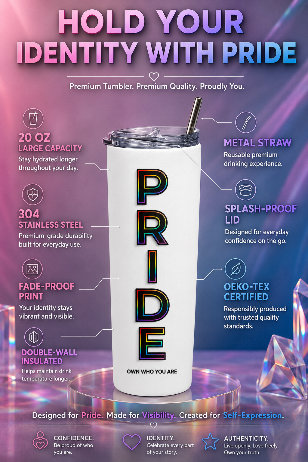 Pride™ Premium Tumbler – Own Who You Are | LGBTQ Stainless Steel Tumbler (20 Oz)