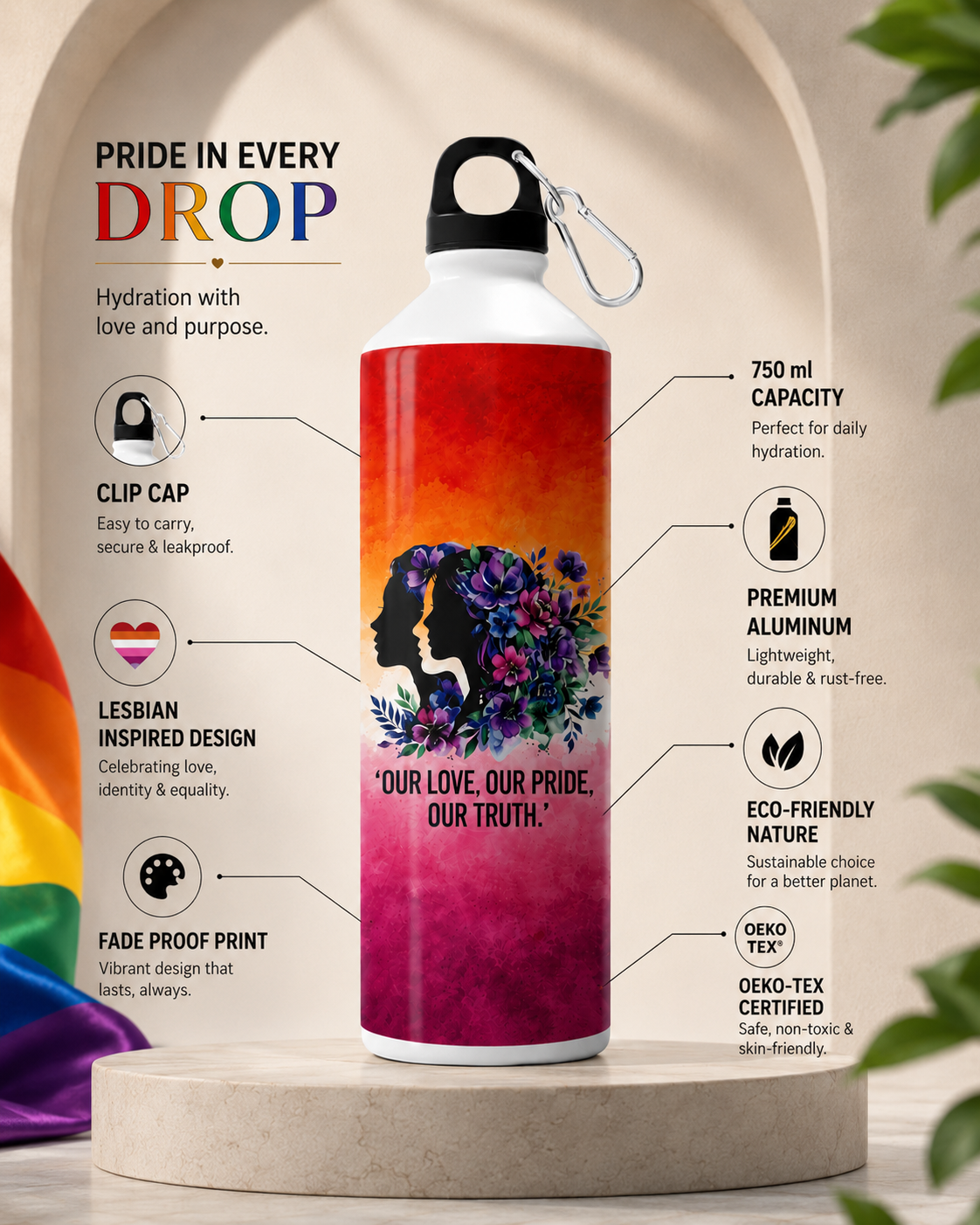 Lesbian Pride Water Bottle – Our Love, Our Pride, Our Truth™ | 750ml Aluminum Sipper Bottle